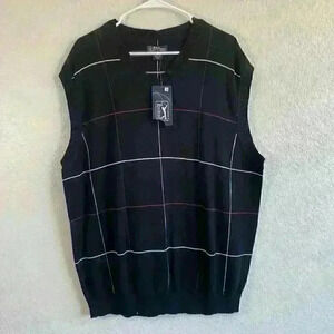 PGA Tour Caviar Windsor Wine black stripped golf vest 100% Cotton Mens size XL
